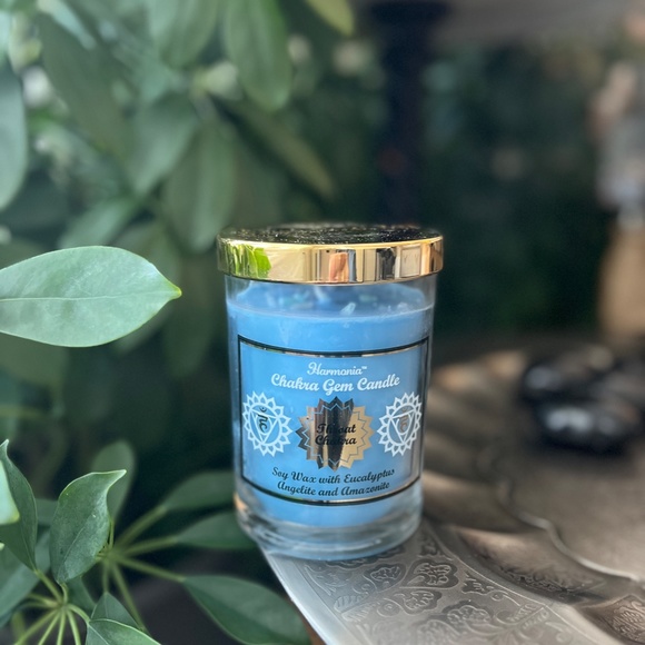 SOY WAX Eucalyptus Angelite and Amazonite Chakra Gem Candle - Picture 1 of 4